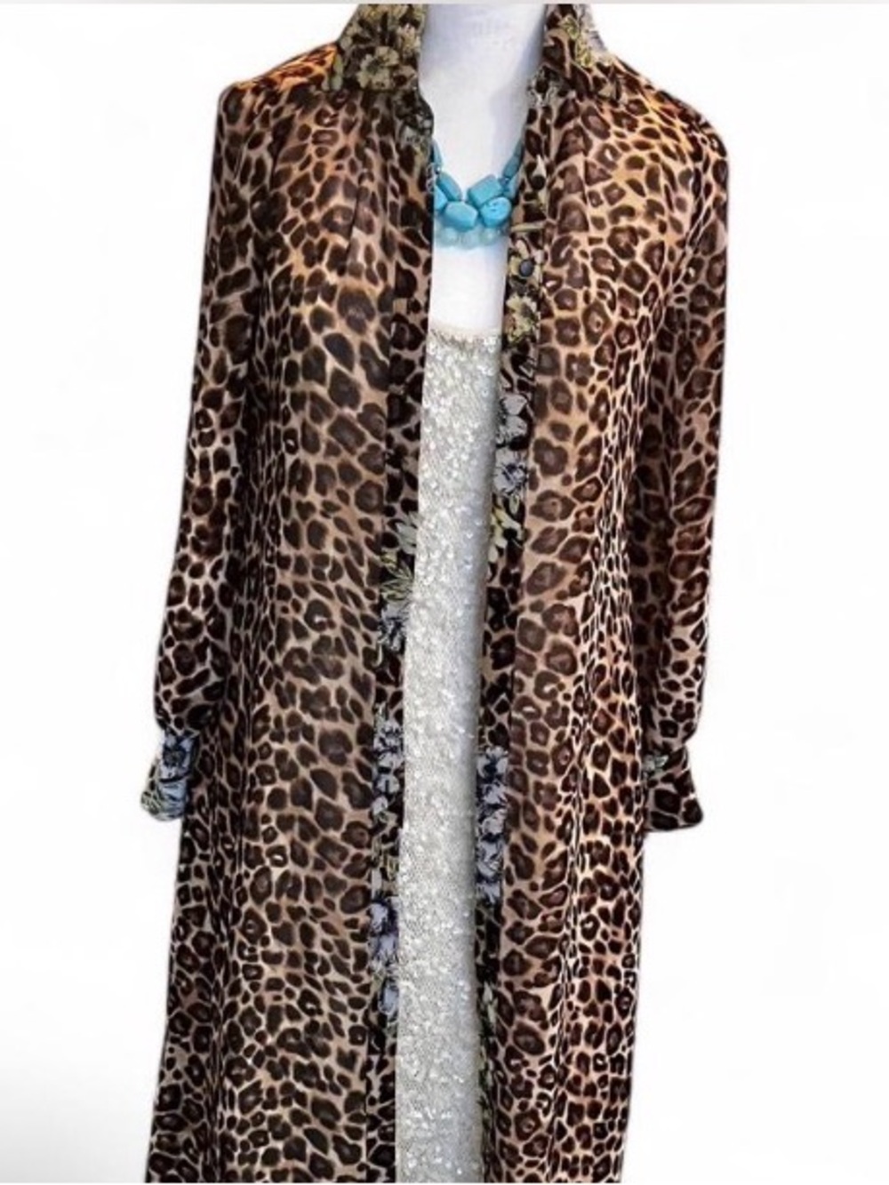 Vintage White House Black Market Animal Floral Print sheer Duster